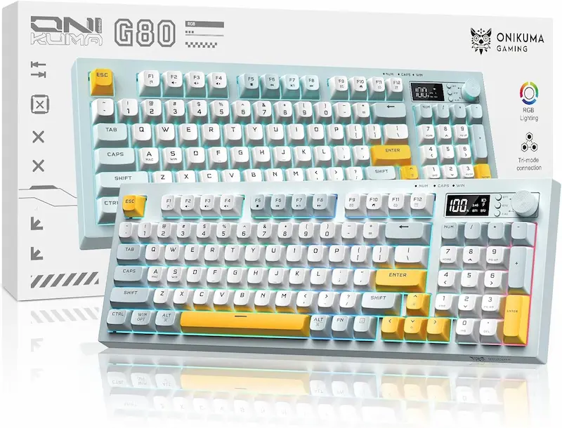 ONIKUMA G80 Tri-Mode Wireless Keyboard, 94 Keys RGB, LCD Display & Knob