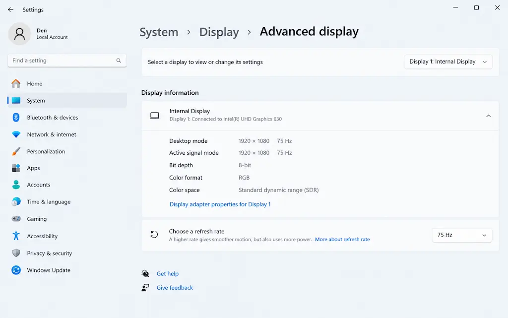 Select the New Refresh Rate in Windows Display Settings